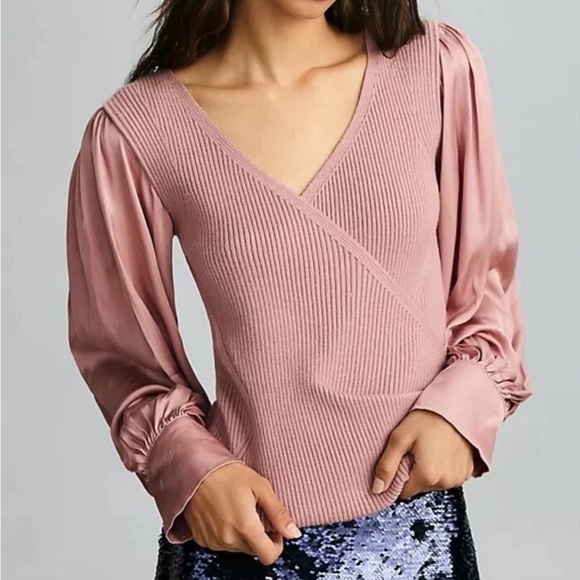 Anthropologie Womens Twofer Faux Wrap Sweater Size Small MauvePuff Sleeve Ribbed - Picture 1 of 12